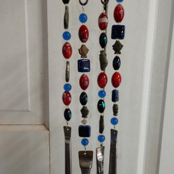 Beaded Blue/Red and Fish Beads Upcycled Recycled Silverware Windchime - Picture 3 of 6